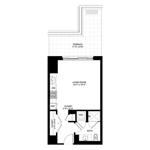 Floor plan for studio, 1 bath, 500 sqft